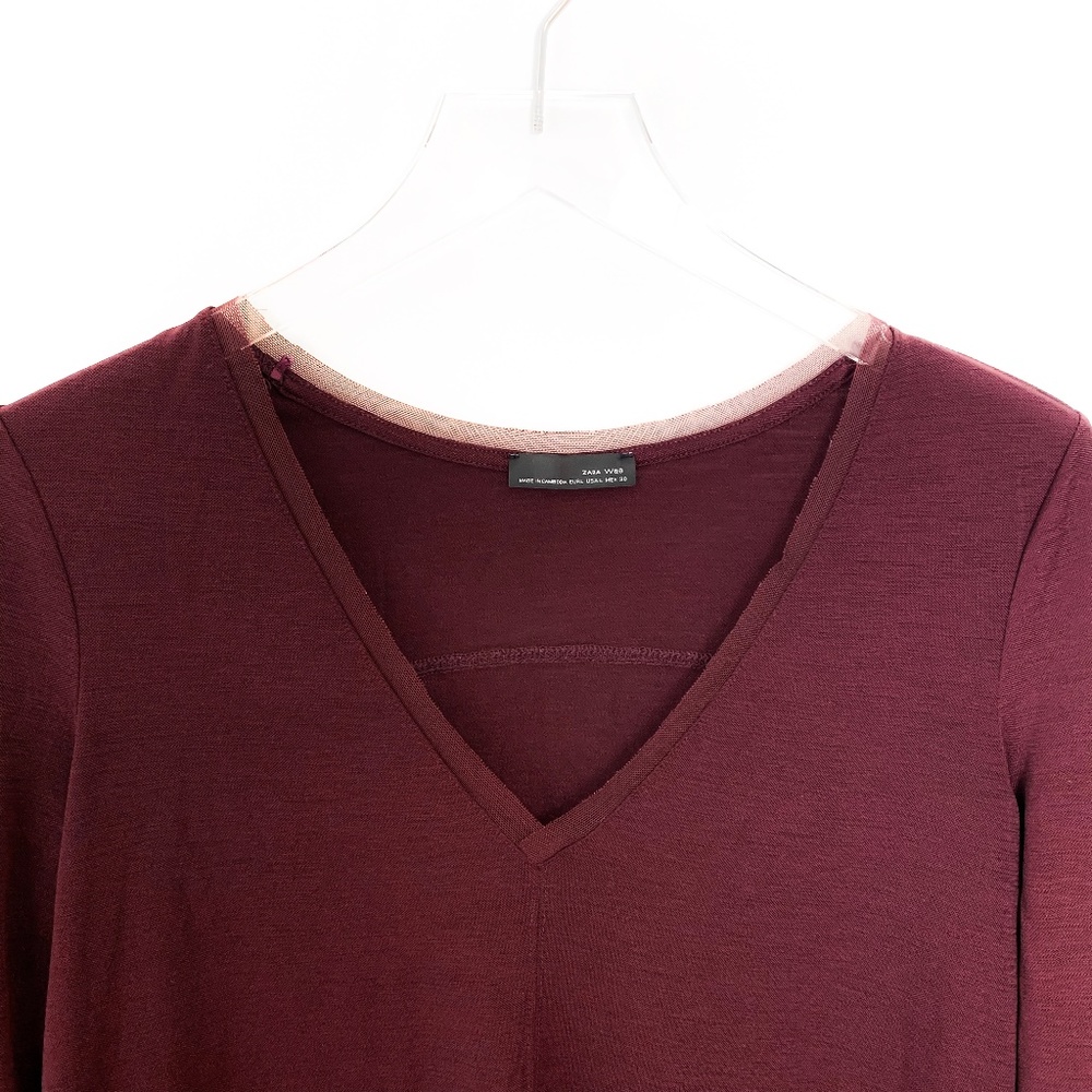 Zara Mesh Trim Burgundy Flowy Sleeveless Top